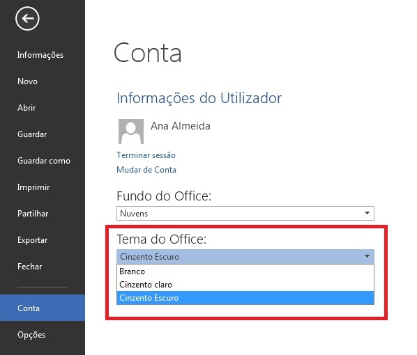 Office trocar o tema